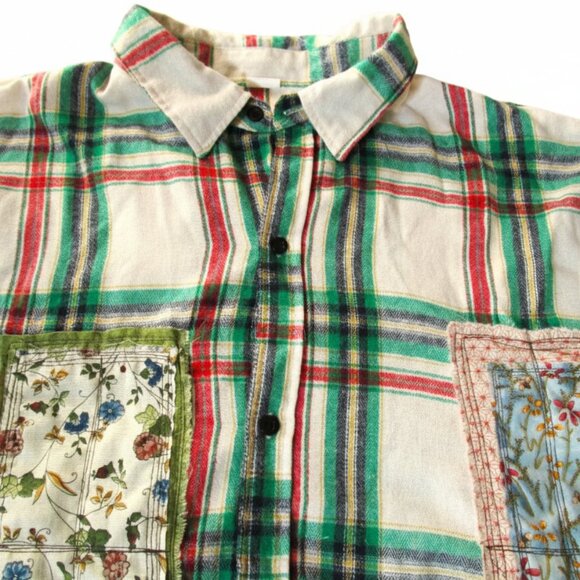 Upcycled Flannel Shirt with Patchwork Cat Design Handmade Boho Grunge Plaid - Picture 4 of 16
